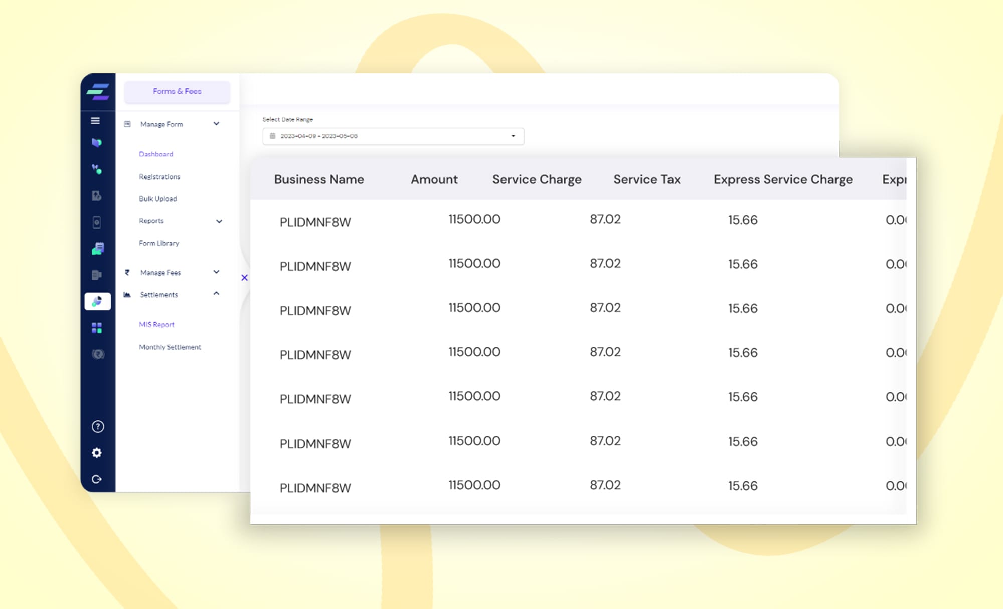 Desktop UI of Feesbuzz showing fee collections, service charges, and tax breakdowns
