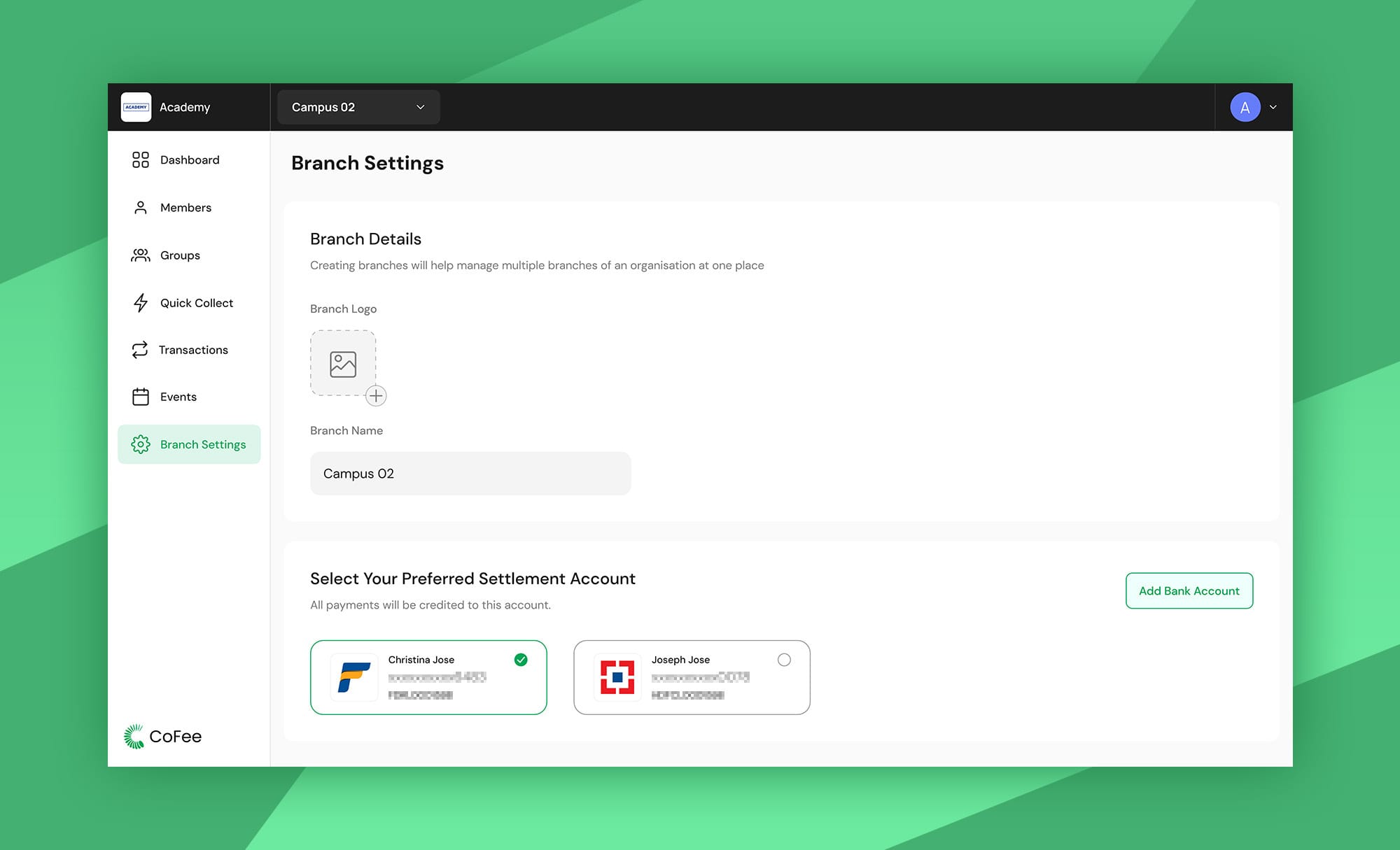 UI of CoFee showing branch settings