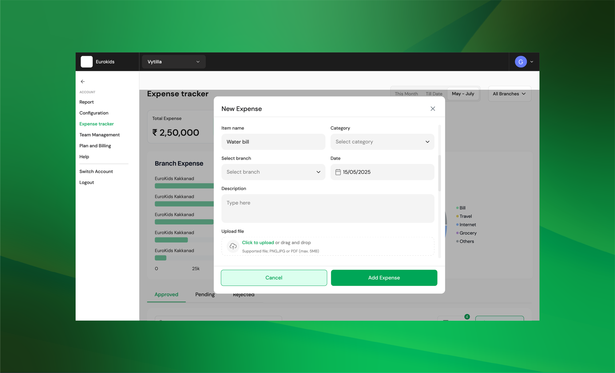 UI of CoFee Expenses, the expense management platform